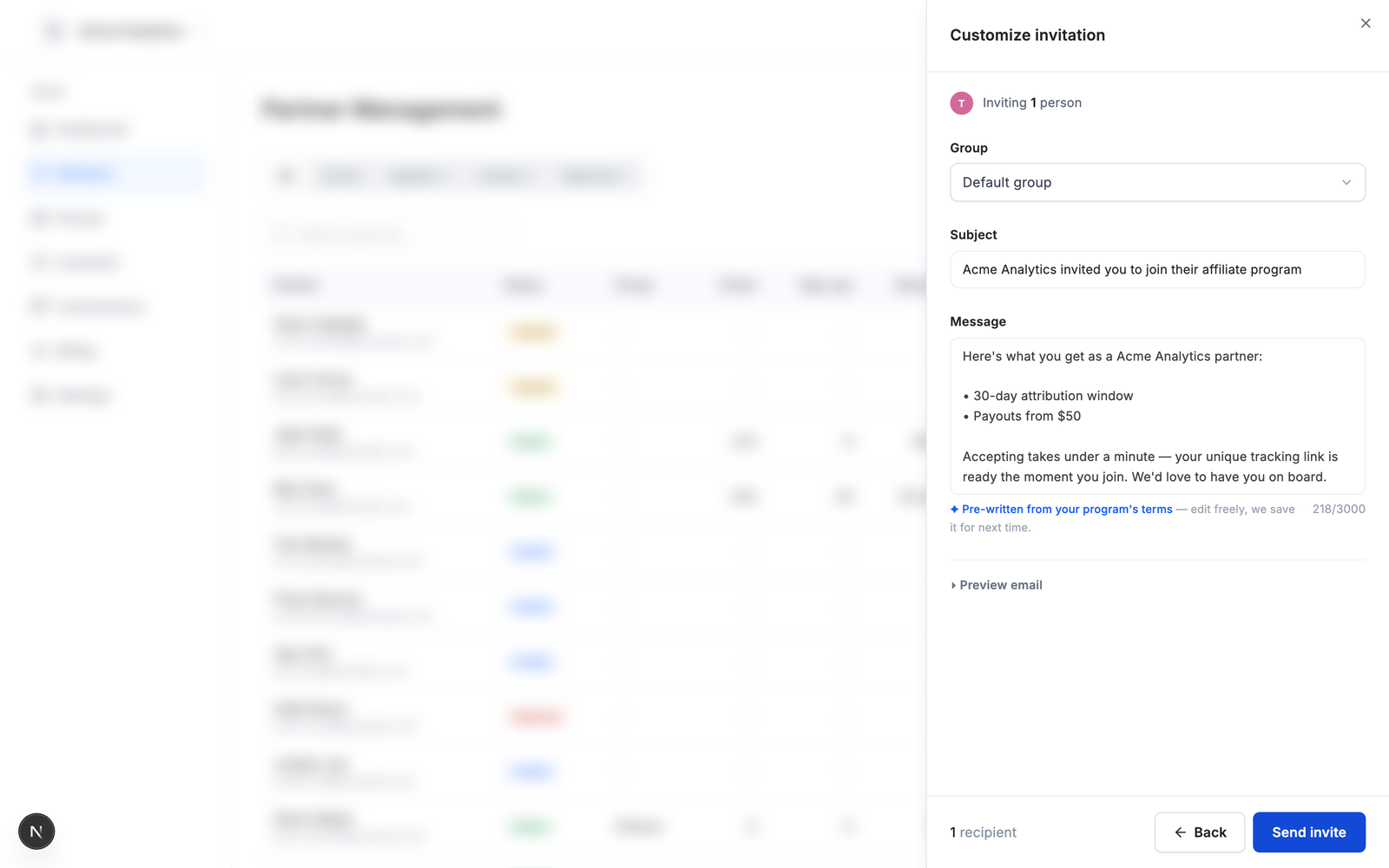 The invitation email, pre-written from your program terms